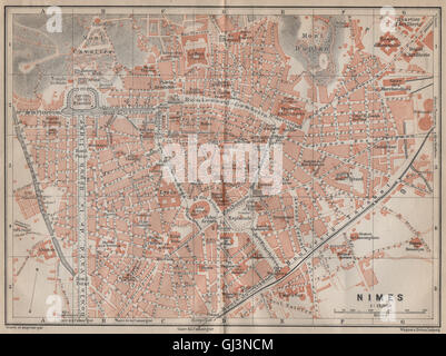 Ville antique de Nîmes plan de ville de la ville. Gard. Carte de Nîmes. Carte BAEDEKER, 1914 Banque D'Images