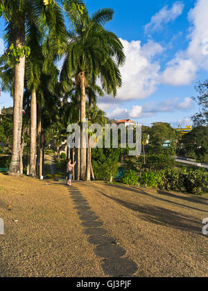 dh Scarborough Botanical Gardens TOBAGO CARIBBEAN Woman chemin touristique de grands palmiers Banque D'Images