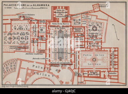 PALACIO ARABE DE LA ALHAMBRA plan d'étage. Grenade. Espagne España mapa, 1913 Banque D'Images