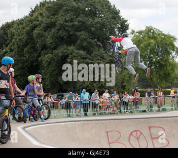 Brentwood, Essex, Royaume-Uni. 13e Août 2016. Festival de musique de glissement, de la planche à roulettes et le BMX Brentwood, Essex. Le BMX rider, montre son savoir-faire. Crédit : Ian Davidson/Alamy Live News Banque D'Images