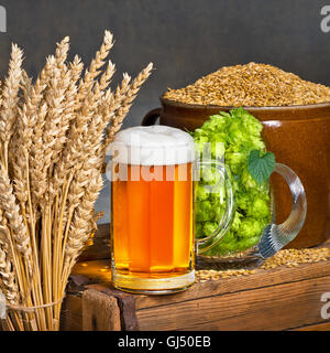 Verre de bière à une matière première pour la production de bière Banque D'Images