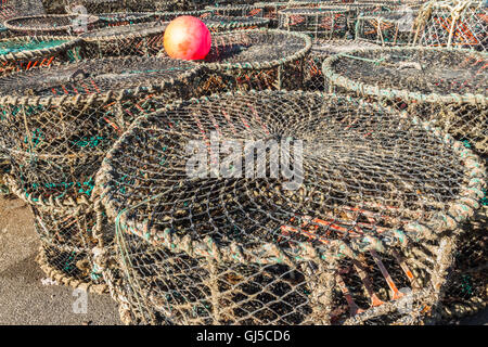 Des filets de pêche au homard de la mer avec d'autres engins de pêche tels que cordes et bouées de plastique. Banque D'Images