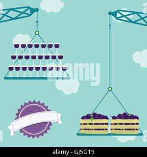 Caisse de transport grues violet frais raisins et verres à vin rouge. Ciel bleu en arrière-plan. Ruban blanc pour insérer du texte. Illustration de Vecteur