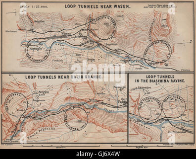 Chemin de fer du Saint-gothard/SPIRAL TUNNELS BOUCLE Wassen Freggio Prato Biaschina, 1907 map Banque D'Images