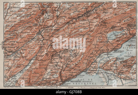 JURA NORD OUEST. Neuchâtel La Chaux de Fonds Neuveville. Topo-map, 1909 Banque D'Images