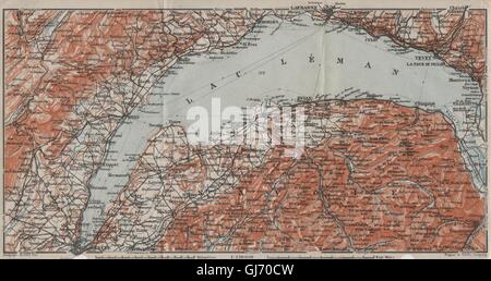Le LAC DE GENÈVE ET DU LAC LÉMAN. St Cergue Chatel St Jean d'Aulph Lausanne Evian, 1909 map Banque D'Images