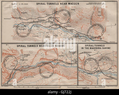 Chemin de fer du Saint-gothard/SPIRAL TUNNELS BOUCLE Wassen Freggio Prato Biaschina, 1911 map Banque D'Images