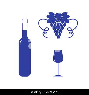 Icône stylisée de couleur d'une bouteille de vin, un verre de vin et de raisins sur un fond blanc Illustration de Vecteur