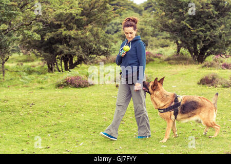 Promenade de chiens de formation, jeune femme et chien de berger allemand Banque D'Images