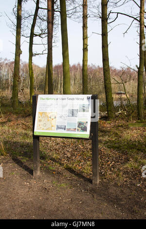 Information board à simple réserve naturelle du bois de sables bitumineux, Lancashire, à la fin de l'hiver. Banque D'Images