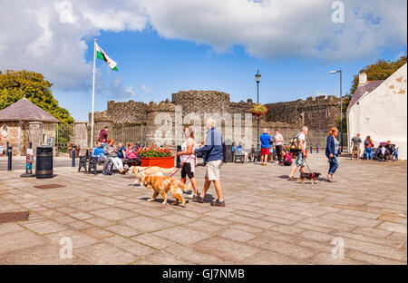 Promenade de chiens en place du Château, Beaumaris, Anglesey, Pays de Galles, Royaume-Uni Banque D'Images