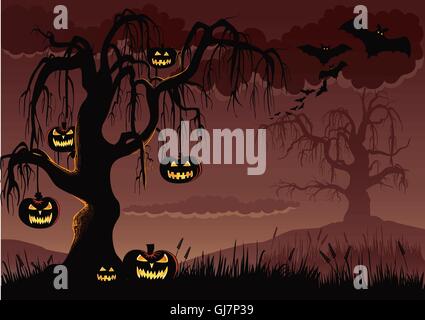 Fond d'Halloween avec des citrouilles effrayantes creepy suspendu à un arbre. Illustration de Vecteur