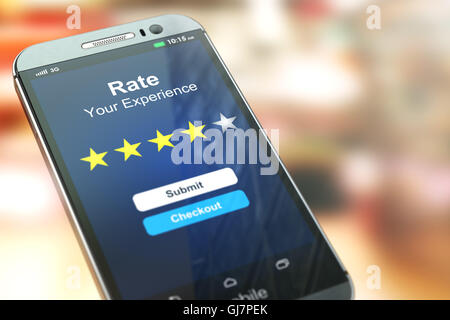 Téléphone intelligent ou mobile avec texte évaluer votre expérience sur l'écran. Estimation de rétroaction et d'examen en ligne concept. Illustra 3d Banque D'Images