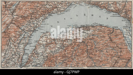 Le LAC DE GENÈVE ET DU LAC LÉMAN. St Cergue Chatel St Jean d'Aulph Lausanne Evian, 1928 map Banque D'Images