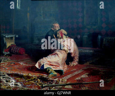 Ivan le Terrible et son fils Ivan, le 16 novembre 1581 par Ilya Repine, 1885. Ivan IV Vassiliévitch 1530 - 1584), communément connu sous le nom de Ivan le Terrible ou Ivan le Terrible, Ivan Grozny, a été le Grand Prince de Moscou de 1533 à 1547 et "Tsar de toutes les Russies' de 1547 jusqu'à sa mort en 1584. Banque D'Images