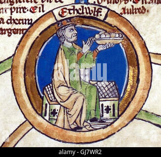 Ethelwulf fut roi du Wessex de 839 à 858. En 825 son père, le roi Egbert, défait le roi Beornwulf de mercie, mettant fin à une longue domination Mercienne sur l'Angleterre anglo-saxonne au sud de l'Humber. Vu ici au début du xive siècle Genealogical rouleau des rois d'Angleterre. Image du domaine public. Banque D'Images
