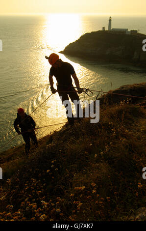 Phare de South Stack au coucher du soleil, île d'Anglesey, Banque D'Images