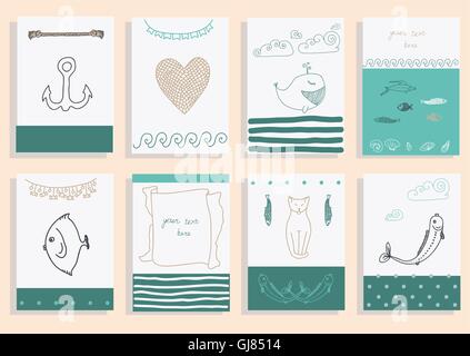 Jeu de carte de vœux mer mignon d'objets de collection. Illustration de Vecteur