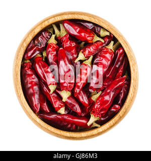 Red Hot Chili Peppers tabasco dans un bol sur fond blanc. Fruits secs de Capsicum frutescens, utilisé comme épice et de tabasco. Banque D'Images