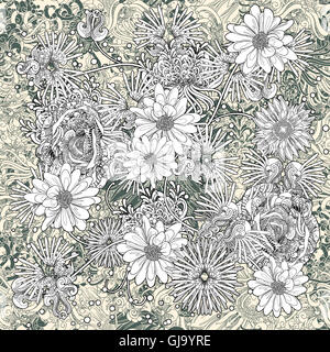 Motif floral transparent,fleurs,fond sans fin monochrome Banque D'Images