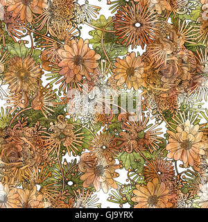 Motif florale,beau fond avec orange et vert,fleurs Aquarelle Banque D'Images