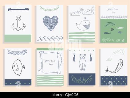Jeu de carte de vœux mer mignon d'objets de collection. Illustration de Vecteur