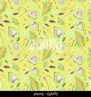 Végétarien sans motif avec aquarelle illustrations végétales sur couleur jaune vif Banque D'Images