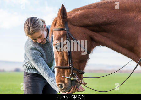 Jeune femme prendre soin de son cheval Banque D'Images