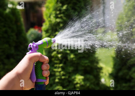 Part avec le tuyau d'arrosage arroser les plantes dans le jardin Banque D'Images