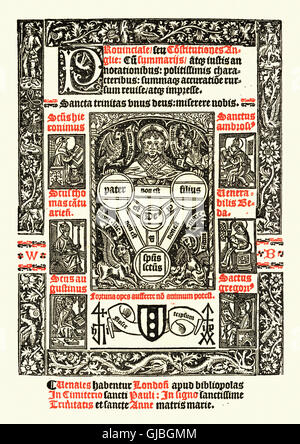 Page de titre d'Lyndewode montrant le symbole de la Sainte Trinité, avec mark et initiales de Jacobi et Pelgrim Banque D'Images