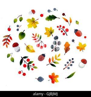Éléments d'automne aquarelle sur fond blanc Banque D'Images