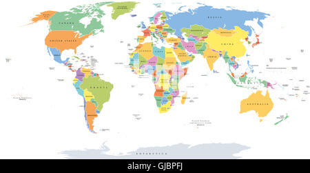 World single membres carte politique avec les frontières nationales. Chaque pays avec sa propre couleur. Illustration sur fond blanc. Banque D'Images