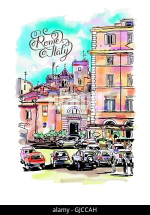 Freehand original aquarelle de carte de voyage Rome Italie avec ha Illustration de Vecteur