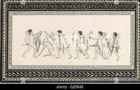 Cette œuvre de 1804 présente les grandes lignes de figures et de compositions sur des vases grecs, romains et étrusques, compilées à l'origine par Sir William Hamilton. La collection comprend des bordures gravées et offre un aperçu de l'art ancien et de la poterie. Banque D'Images