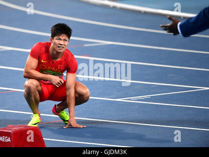 Rio de Janeiro, Brésil. 14Th Aug 2016. La Chine a su Bingtian réagit après le 100 m de demi-finale à l'athlétisme aux Jeux Olympiques de Rio 2016 à Rio de Janeiro, Brésil, le 14 août 2016. Credit : Yan Yan/Xinhua/Alamy Live News Banque D'Images