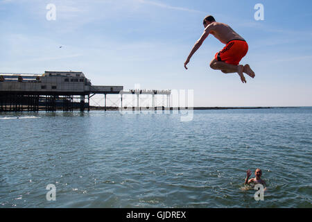 Pays de Galles Aberystwyth UK, lundi 15 août 2016 UK Weather : Les adolescents de leurs longues vacances d'été s'amusant de sauter dans la jetée en bord de mer clair frais à Aberystwyth, sur la côte ouest du pays de Galles. Le temps est réglé à améliorer au cours des deux jours, culminant en une mini-canicule le mercredi, avec des températures qui devraient atteindre la haute ou basse 20s 30s centigrades Crédit photo : Keith morris/Alamy Live News Banque D'Images