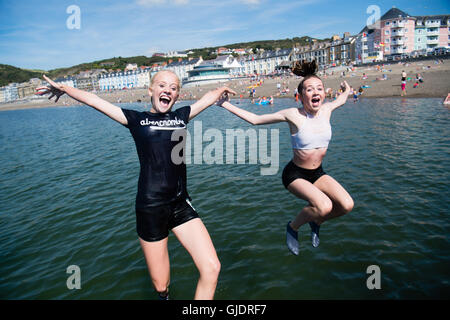 Pays de Galles Aberystwyth UK, lundi 15 août 2016 UK Weather : Les adolescents de leurs longues vacances d'été s'amusant de sauter dans la jetée en bord de mer clair frais à Aberystwyth, sur la côte ouest du pays de Galles. Le temps est réglé à améliorer au cours des deux jours, culminant en une mini-canicule le mercredi, avec des températures qui devraient atteindre la haute ou basse 20s 30s centigrades Crédit photo : Keith morris/Alamy Live News Banque D'Images