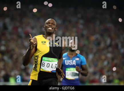 Rio de Janeiro, RJ, Brésil. Août 15, 2016. Finale du 100 mètres. De la Jamaïque, Usain Bolt remporte l'or en battant à nouveau l'USA Justin Gatlin.] Jeux Olympiques d'été de 2016 Brazil.brian.peterson@startribune.com.Rio - Rio de Janeiro, Brésil - 08/14/2016. © Brian Peterson/Star Tribune/ZUMA/Alamy Fil Live News Banque D'Images