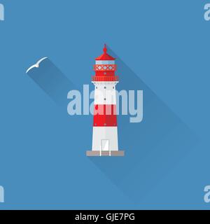 Modèle plat, ombre portée de l'icône phare sur fond bleu Illustration de Vecteur