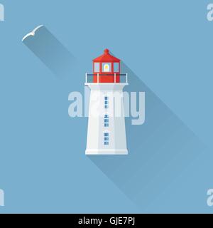 Modèle plat, ombre portée de l'icône phare sur fond bleu Illustration de Vecteur