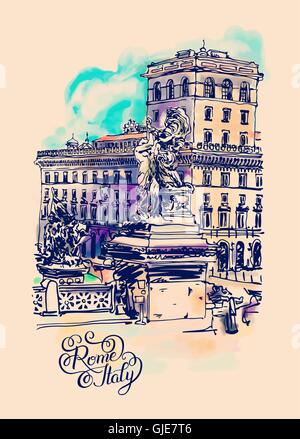 Freehand original aquarelle de carte de voyage Rome Italie, vieille il Illustration de Vecteur