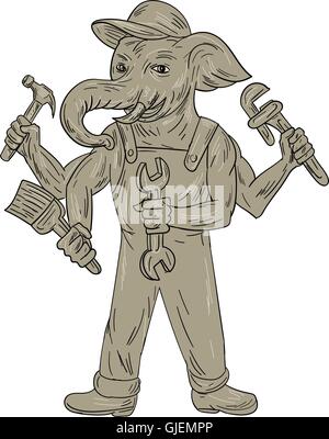 Style croquis dessin illustration d'un homme à l'éléphant Ganesha holding tools vue de l'avant ensemble isolées sur fond blanc. Illustration de Vecteur