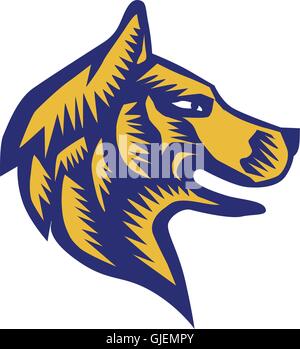 Illustration d'un Alaskan Malamute husky chien sauvage profil tête de loup vu du côté situé sur fond blanc isolé fait en rétro style gravure sur bois. Illustration de Vecteur