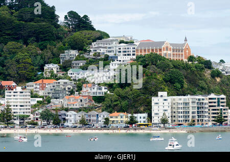 Maisons et un monastère sur la colline au-dessus de plage, Oriental Bay, Wellington, Île du Nord, Nouvelle-Zélande Banque D'Images