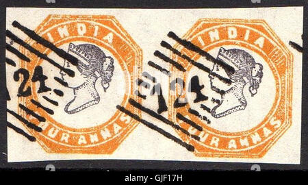 Le timbre forgé de 1854 à quatre Anna de l'Inde reproduit le dessin utilisé dans les débuts de l'histoire postale indienne, mais est identifié comme une contrefaçon, ce qui en fait un sujet d'intérêt pour les philatélistes qui étudient les faux postaux. Banque D'Images