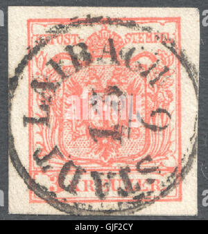 Le timbre autrichien IIIa LAIBACH de 1854, émis par l'Empire autrichien, représente une dénomination de 3 Kreuzer avec un dessin noir sur papier blanc. Il a été utilisé pour les services postaux dans la région de Laibach, aujourd'hui Ljubljana, Slovénie. Banque D'Images
