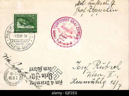 Le timbre Graf Zeppelin II de 1938, marquant un événement majeur dans l'histoire des dirigeables, ne comporte pas de filigrane numérique. Il porte un TAD de l'année d'émission. Banque D'Images