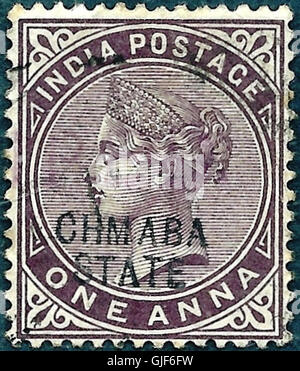 Le timbre 1897 Chamba One Anna Queen Victoria SG2a a été émis dans l'État princier de Chamba, représentant un portrait de la reine Victoria, marquant la domination coloniale britannique en Inde. Banque D'Images