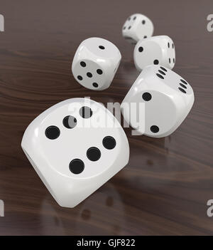 3D Render of 5 classic white dices rolling forward sur fond de bois. DOF moyen. Banque D'Images