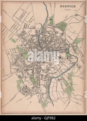 NORWICH. Plan de la ville ville antique. Le Norfolk. BARTHOLOMEW, 1865 carte antique Banque D'Images
